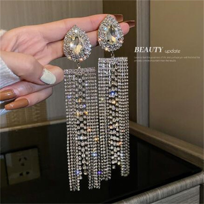 Trina Black Gold Color Water Drop Crystal Earrings Oversize Long Tassel Rhinestone
