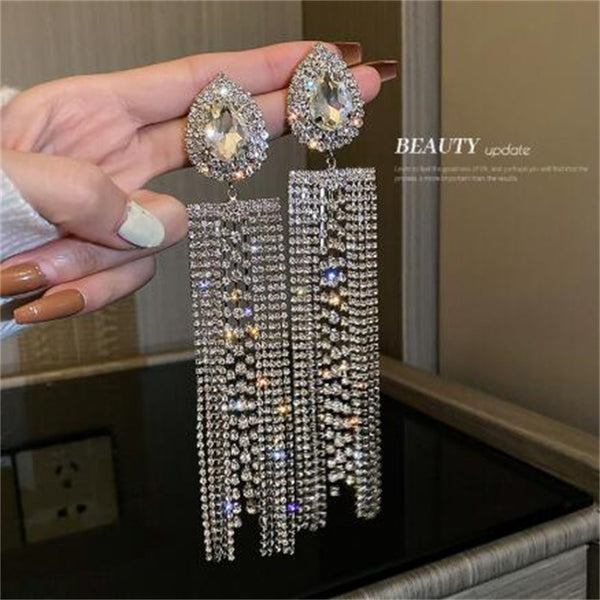 Trina Black Gold Color Water Drop Crystal Earrings Oversize Long Tassel Rhinestone