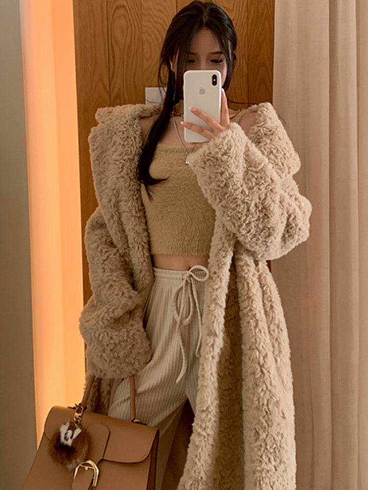 Lautaro Winter Long Oversized Shaggy Fuzzy Warm Thick Fluffy Faux Fur Coat Women Sashes Lapel Stylish Luxury Korean Fashion 2021