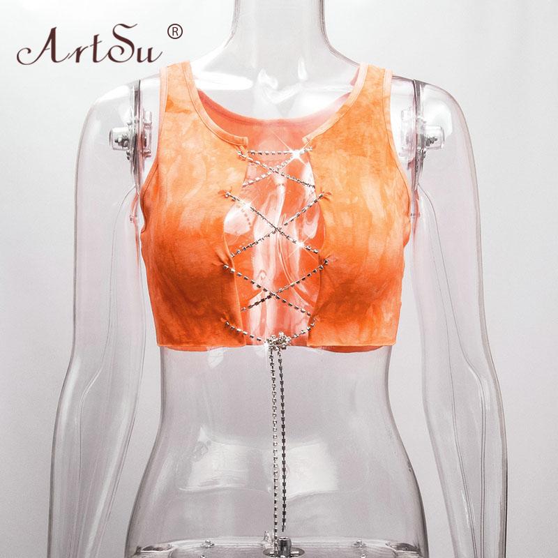 ArtSu Red Black White Metal Chain Sleeveless Crop Top Sexy Clubwear Women Adjustable Lace Up Hollow Out Tank Tops Tees Camisole