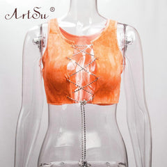 ArtSu Red Black White Metal Chain Sleeveless Crop Top Sexy Clubwear Women Adjustable Lace Up Hollow Out Tank Tops Tees Camisole