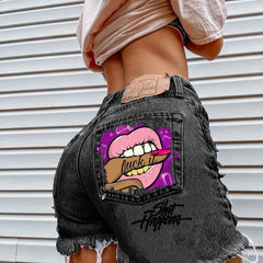 Hot selling new new denim shorts personality mouth bite finger printing fashion hole shorts hot pants women