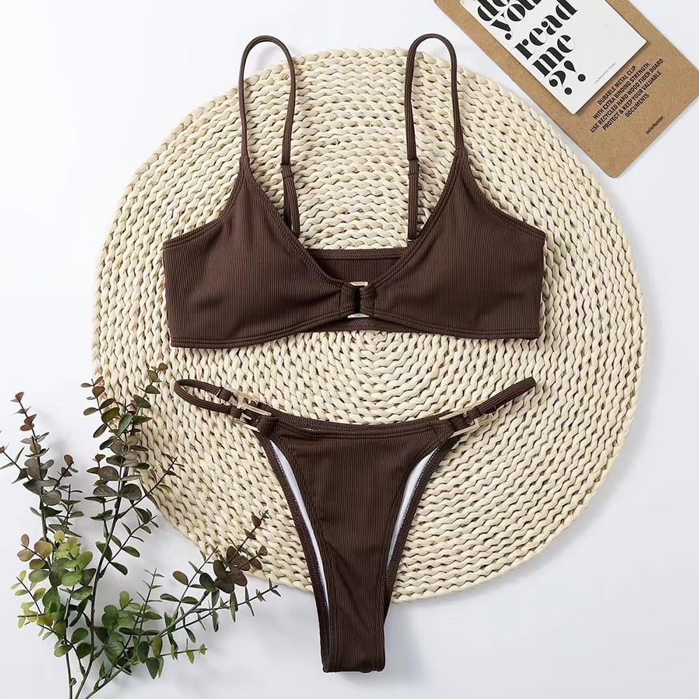 Low Waist Solid Bikini Rectangle Ring Linked Swimwear