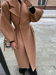 Autumn Women Woolen Coat Thick Lapel Lantern Sleeve Office Lady Long Jackets Double-Breasted New in Outerwears Female Coats