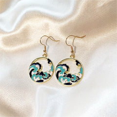 Cool Blue Ocean Beach Tropical Wave Earrings on 14k Gold Plated Circles