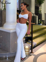 Hugcitar Stripe Ribbed Women 2 Piece Set Lace Up Ruched Camis Crop Top Bell Flare Pants Suit Matching Outfits Sportswear Club