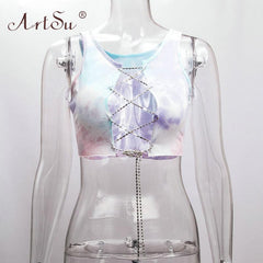 ArtSu Red Black White Metal Chain Sleeveless Crop Top Sexy Clubwear Women Adjustable Lace Up Hollow Out Tank Tops Tees Camisole