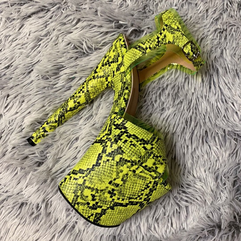 Snake print Open toe super high with sandals nightclub pole dance shallow mouth Platform