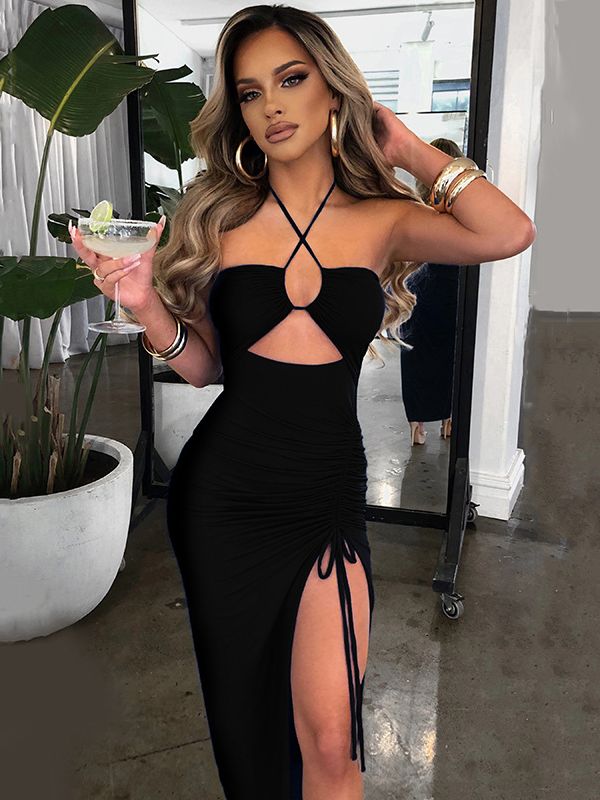 Sophia's Halter Backless Sleeveless Cut Out Maxi Dress Elegant Slit Dress
