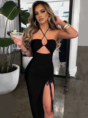 Sophia's Halter Backless Sleeveless Cut Out Maxi Dress Elegant Slit Dress