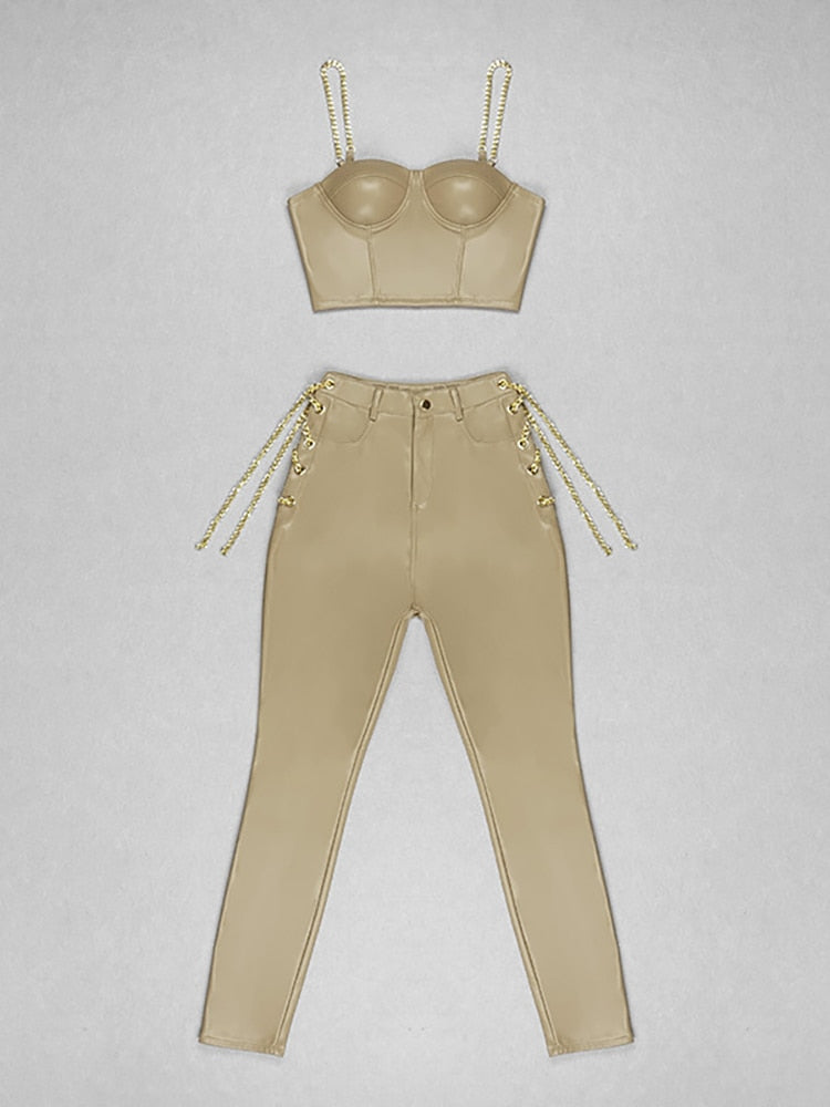 Sexy Spaghetti Straps Chain Jumpsuit Women Designer Short Top + Pants Two Piece Set Bodysuit Celebrity Party Nightclub Outfits