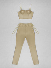 Sexy Spaghetti Straps Chain Jumpsuit Women Designer Short Top + Pants Two Piece Set Bodysuit Celebrity Party Nightclub Outfits