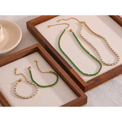 Waterproof Fashion White Green Cubic Zirconia Stainless Steel Gorgeous Necklace