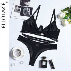 Ellolace Lace Lingerie Set Woman 2 Pieces Black Female Underwear Sensual Transparent Seamless Intimate Sexy Bra And Panty Set