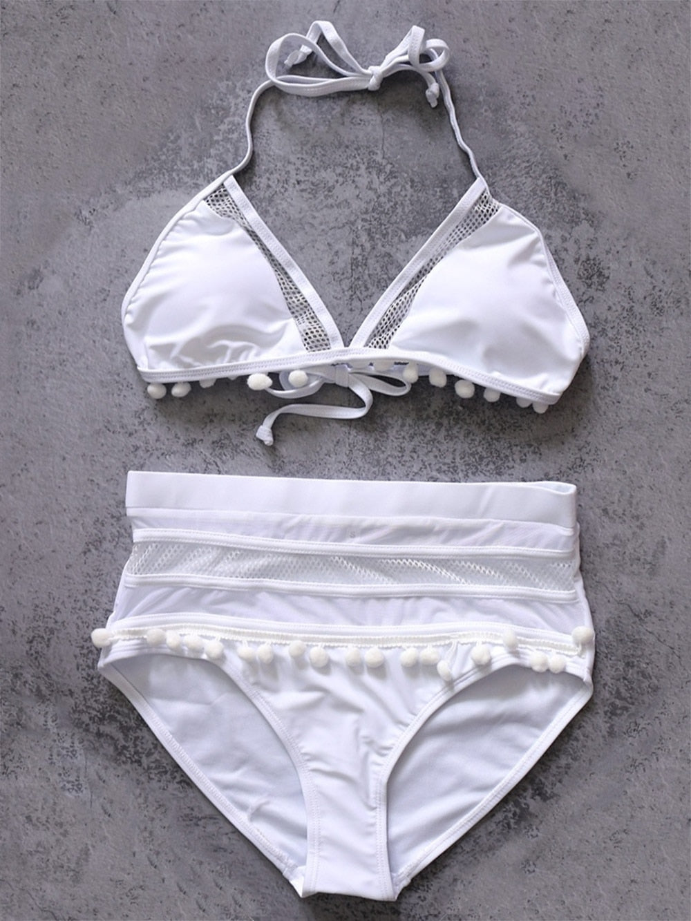 2022 Sexy Halter Retro Mesh Hollow Out String Biquini Bath Suit Swimsuit High Waist Pompones Pom Swimwear Women Triangle Bikini