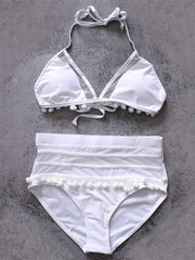 2022 Sexy Halter Retro Mesh Hollow Out String Biquini Bath Suit Swimsuit High Waist Pompones Pom Swimwear Women Triangle Bikini