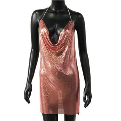 Backless Sequin Short Dress Metalic Split Mesh Low Cut Mini Dress