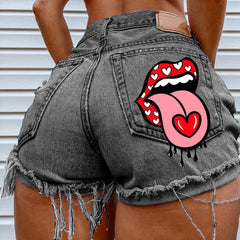 Hot summer women's shorts pockets, printed pattern, big stone love, ripped raw shorts INS influencer