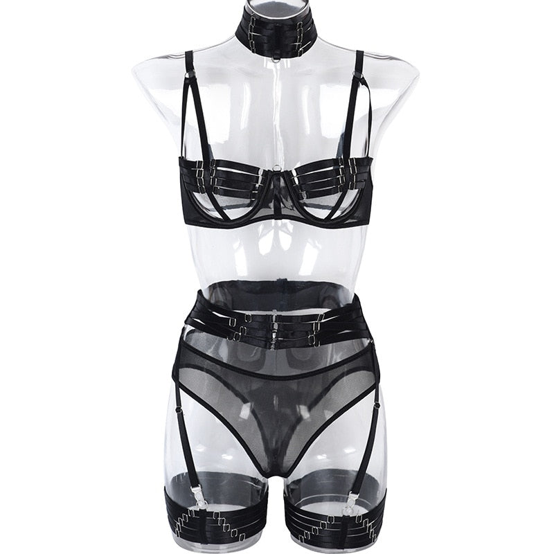 Ellolace Sensual Lingerie Woman Hollow Out Erotic Brief Sets Push Upp Adjustable Buckle Bra Garters 5-Piece Lace Underwear Whuta