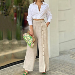 Two Piece Set Casual Lapel Solid Long Sleeve Nipped Waist Top Loose Wide Legs Pants Set