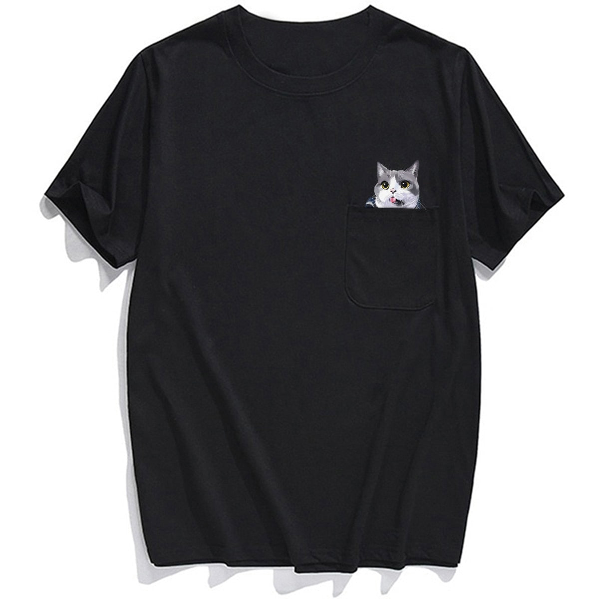 Animal T-Shirt Pocket Cat Stickers Printed T-shirt Tops Funny Cotton Tees