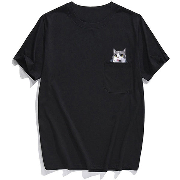 Animal T-Shirt Pocket Cat Stickers Printed T-shirt Tops Funny Cotton Tees