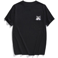 Animal T-Shirt Pocket Cat Stickers Printed T-shirt Tops Funny Cotton Tees