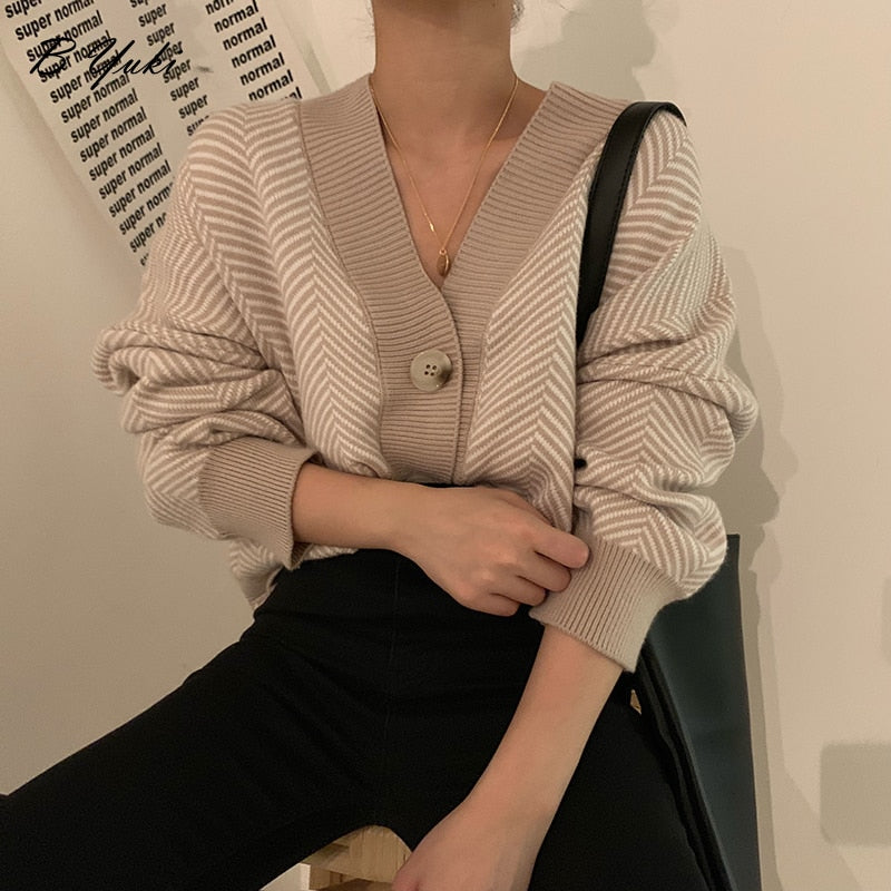 Violette Oversized Striped V-Neck Knit Cardigan One-piece