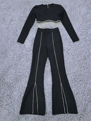 Women Winter Sexy Long Sleeve Black Tassel Crystal Sparkly Two Piece Bandage Set 2022 Celebrity Designer Fashion Women&#39;s Set