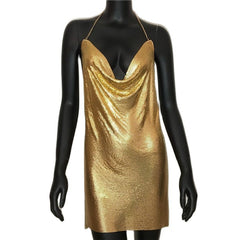 Backless Sequin Short Dress Metalic Split Mesh Low Cut Mini Dress