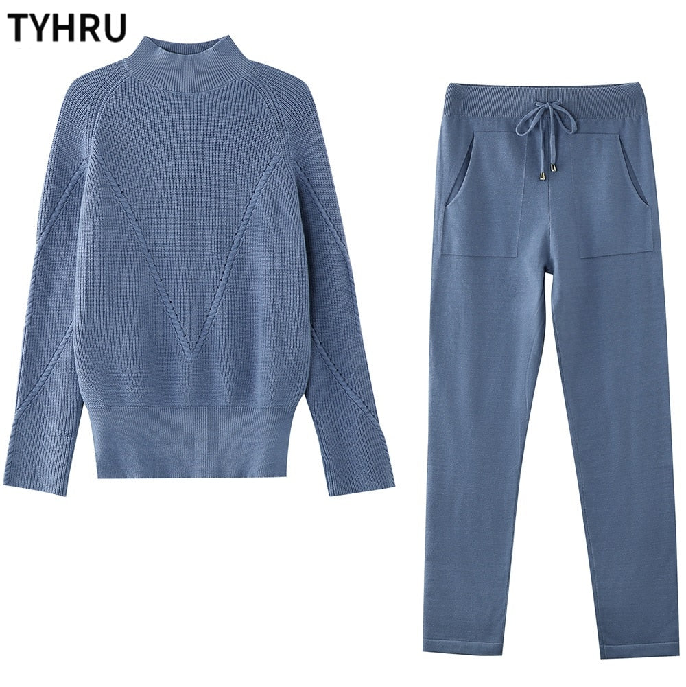 TYHRU Autumn Winter Women Sweater Tracksuit Leisure Hemp Flower Half-High Collar Pullover+Knitted Trousers Suits 2-piece Set