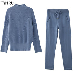 TYHRU Autumn Winter Women Sweater Tracksuit Leisure Hemp Flower Half-High Collar Pullover+Knitted Trousers Suits 2-piece Set