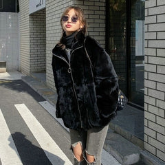 Women&#39;s Winter Jacket Fashion Solid Color Faux Fur Coat Korean Version Loose Simplicity Stand-up Collar Women&#39;s Clothing Coat