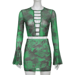 BIIKPIIK Print Fashion Sexy Two Piece Sets Hollow Out Flare Sleeve Crop Top + Low Waist Mini Skirts Suits For Women Hot Clothing