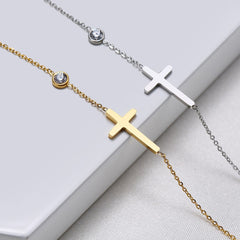Simple Single Chain Cross Charm with Shiny CZ Bracelet