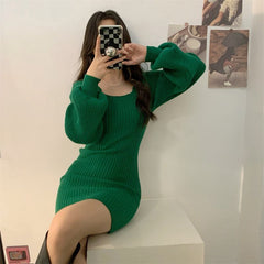 Square Collar Long Lantern Sleeve Above Knee Bodycon Dress
