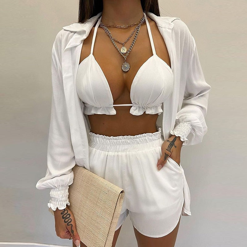 Lantern Sleeve Shirt &amp; Pocket Design Shorts Sets With Frill Hem Crop Top