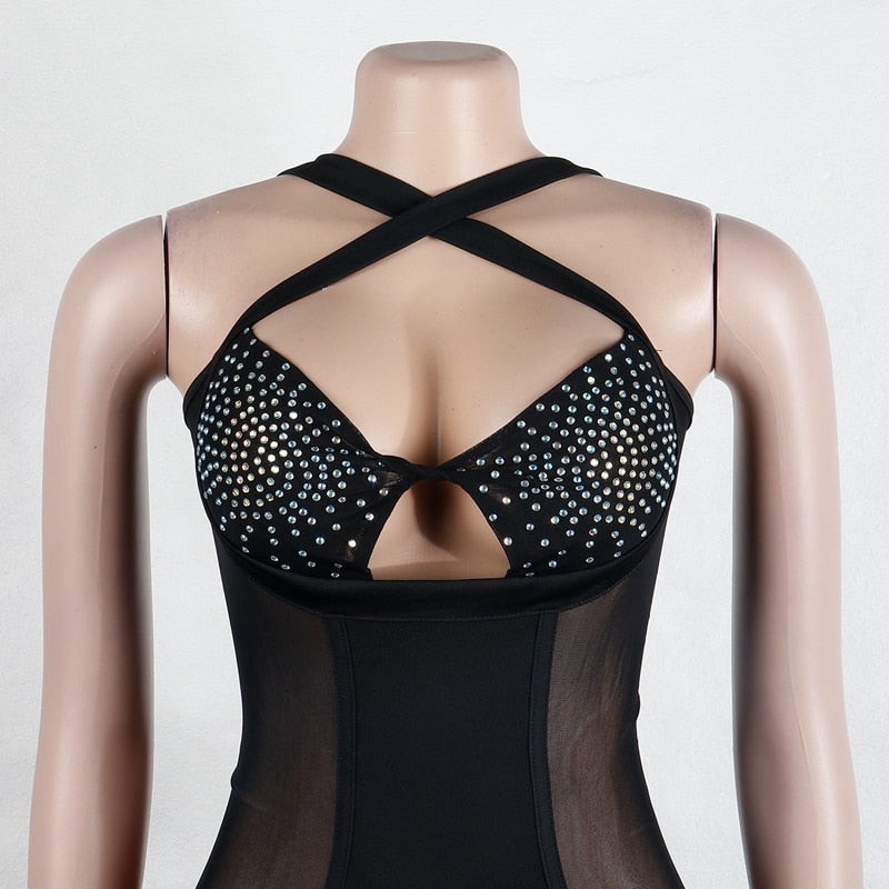 Patchwork Sheer Mesh Sparkly Crystal Rhinestone Bodycon mini Dress