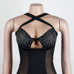 Patchwork Sheer Mesh Sparkly Crystal Rhinestone Bodycon mini Dress