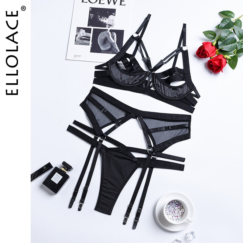 Ellolace Lingerie Sensual Women&#39;s Underwear Hollow Out Bra And Panty Set 3-Pieces Erotic Garters Sex Fancy Exotic Sets