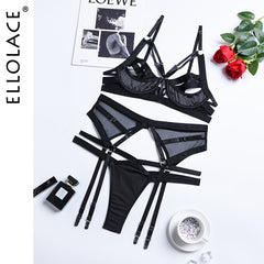Ellolace Lingerie Sensual Women&#39;s Underwear Hollow Out Bra And Panty Set 3-Pieces Erotic Garters Sex Fancy Exotic Sets