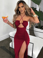 Sophia's Halter Backless Sleeveless Cut Out Maxi Dress Elegant Slit Dress