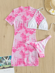 Slit Cuff Plunge Neck Three Pieces Bikini Set with Cover Up Plain Swimsuit