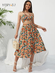 KEBY ZJ Summer Boho Bikini Set Dress Chic Women Elastic Waist Two Pieces Skirt with Female Beach Holiday Floral Print Midi Sets