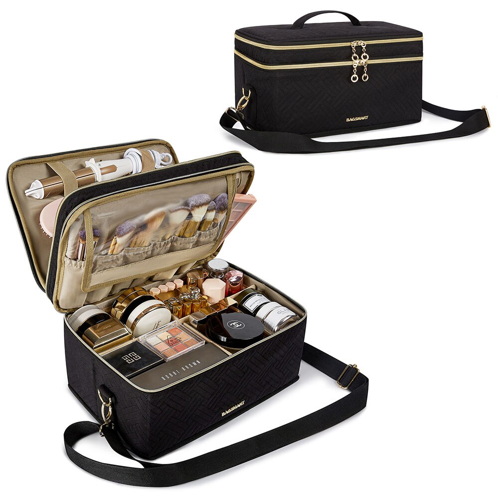Split Leather Travel Makeup Case Double Layer Organizer Bag