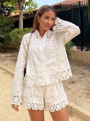 Hollow Out Corset Cotton White Women Blouse Shorts Set Office Casual Summer Spring Beach Suits Wide Leg Shorts Suit Outfits 2023