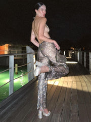Articat Rhinestones Diamond Sexy Hollow Out Wide Leg Pants Women High Waist Transparent Casual Club Party Trousers Bottoms