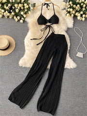 SINGREINY Women Summer Design Knitted Set Sexy Backless Halter Short Tops+Chic Hollow Knitted Wide Leg Long Pants Two Piece Suit