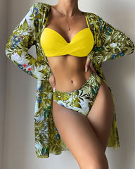 Floral Print Bikini Set - Low Waist Twist Swimsuit Long Sleeve Cover Up Three Pieces Beach Bathing Suit