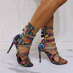 Colorized Snakeskin Cross Strappy Shoes Thin High Heel Peep Toe Buckle Sandals